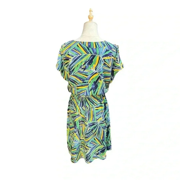 Halogen Tropical Jungle Cap Sleeve V-Neck Faux Wrap Blue Green Dress Size S - Picture 3 of 6